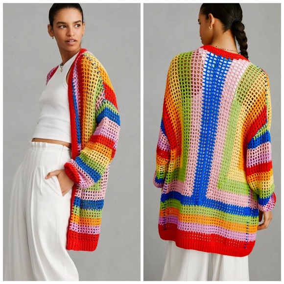 Anthropologie Sweaters - ♦️SOLD♦️Anthropologie Farm Rio Rainbow Crochet Cardigan Sweater Medium NWT